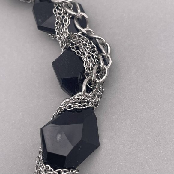 Black Faceted Beaded Silver Tone Chain Wrap Necklace Toggle Closure 19 Inch - Picture 5 of 5